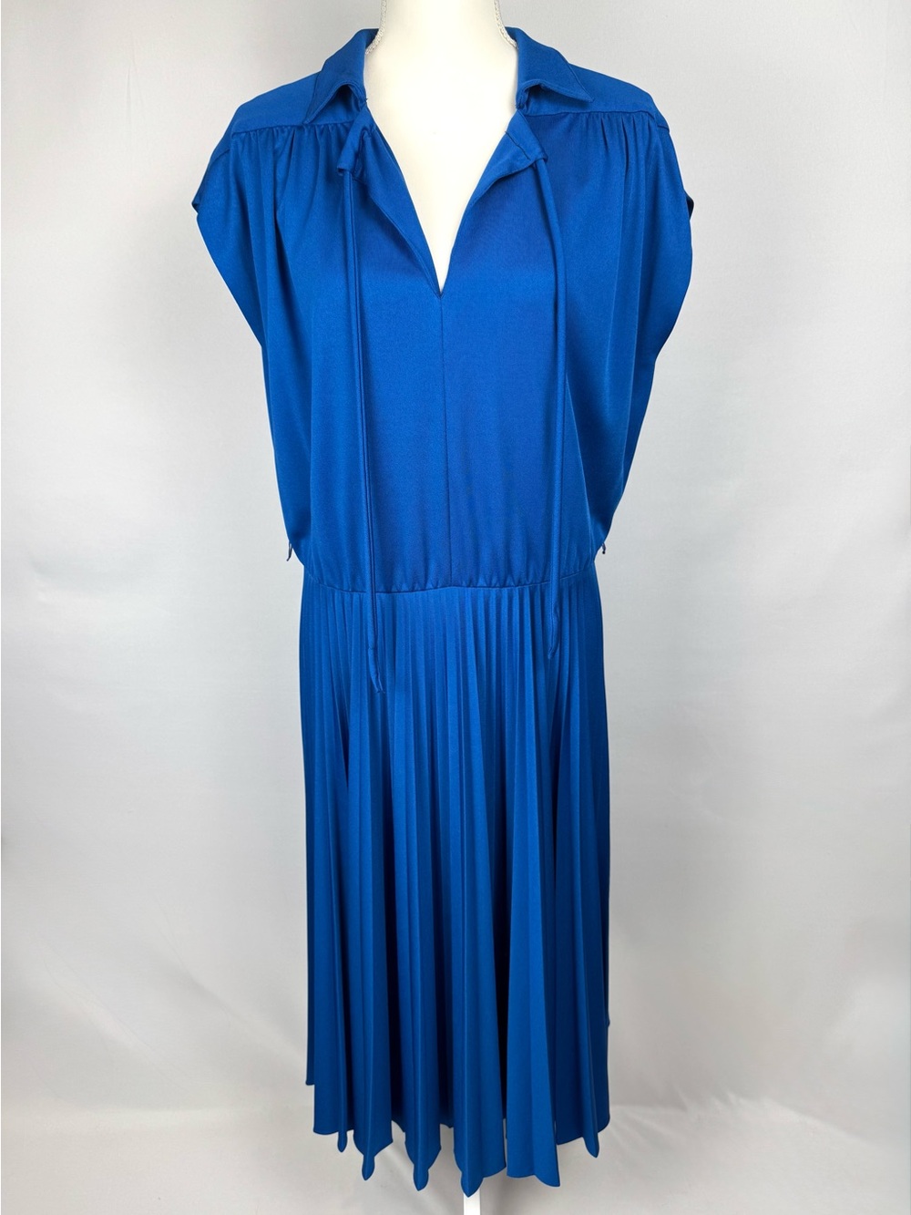 Vintage 70s Short Sleeve Pleated Midi Dress Collar V-Neck Royal Blue Disco Large